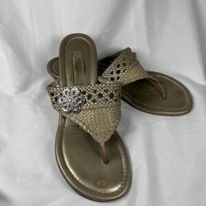 Brighton Sandal Silver Charm Bronze Brown Lanai Wedge Woven Slip On Leather Sz 9